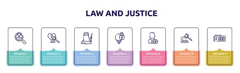 law and justice concept infographic design template. included investigation, divorce, , intellectual property, attorney, case closed, recorder icons and 7 option or steps.