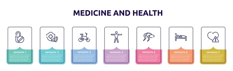 medicine and health concept infographic design template. included capsule, health insurance or hospital costs, bicycle healthy transport, men, sperms, human sleeping on bed, disease icons and 7