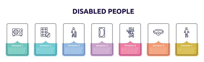 disabled people concept infographic design template. included sterilization, antibiotic, injured male, bedpan, ventilator, head mirror, prosthetic icons and 7 option or steps.