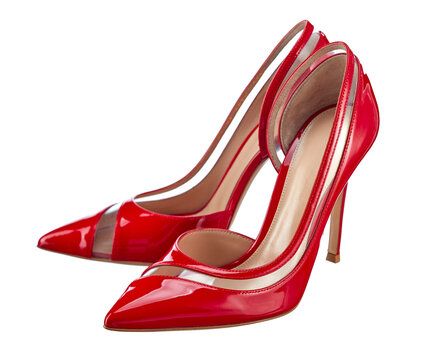 Classic red shoes made of glossy genuine leather with high elegant heels, with a transparent insert, isolated on a white background.