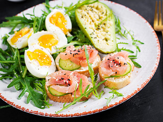 Sandwiches with salt salmon and boiled eggs and avocado. Keto, ketogenic diet breakfast or lunch.