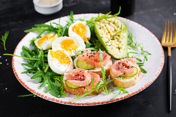 Sandwiches with salt salmon and boiled eggs and avocado. Keto, ketogenic diet breakfast or lunch.