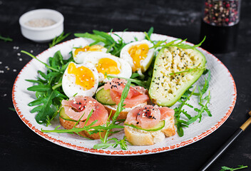 Sandwiches with salt salmon and boiled eggs and avocado. Keto, ketogenic diet breakfast or lunch.