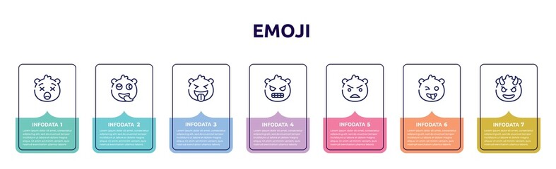 emoji concept infographic design template. included frowning with open mouth emoji, stupid emoji, tongue nervous angry crazy smiling with horns icons and 7 option or steps.