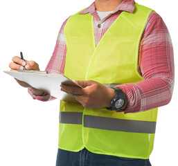 chief engineer wearing a reflective tiger Taking notes. isolated on a white background clipping path.