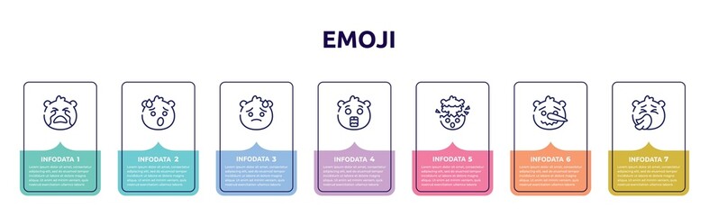 emoji concept infographic design template. included crying emoji, exhausted emoji, downcast with sweat surprised exploding head lying sneezing icons and 7 option or steps.