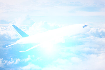 Obraz premium summer vacation, tourism and travel, airline ticket booking, airplane in the sky background blurred