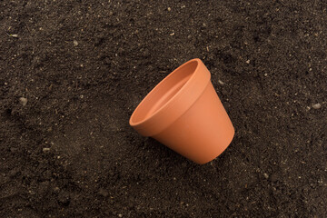 terracotta growing pot garden on soil background