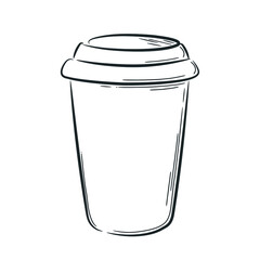 A simple drawing of a paper cup for hot drinks. Hand drawn glasses with a lid. Doodle style drawing with strokes. Black outline on a white background.