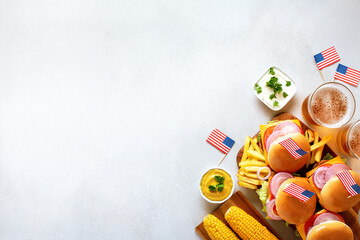 Table with food for USA 4th July Independence Day, copy space