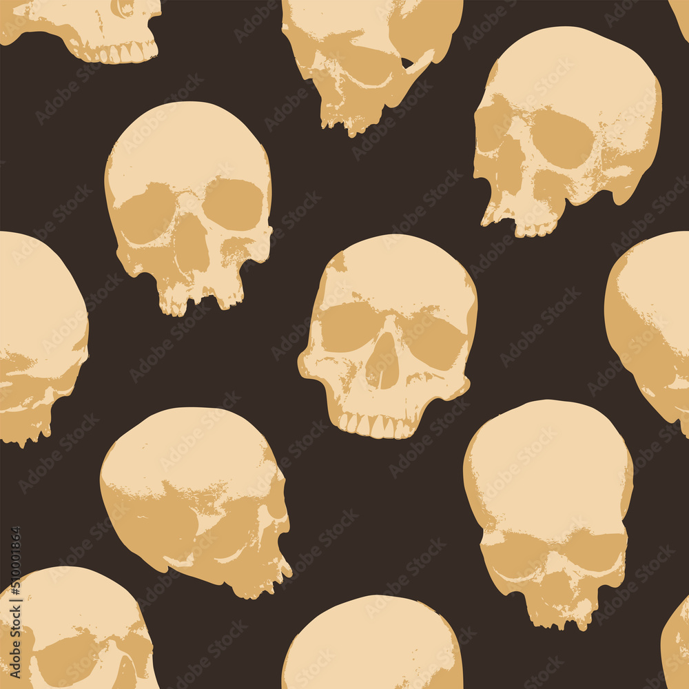 Poster seamless pattern with human skulls. vector background with sinister smiling skulls in retro style. g