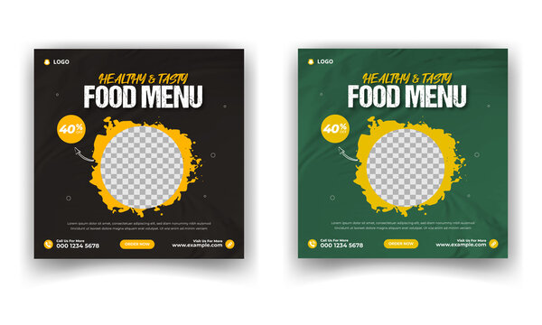 Food menu and restaurant social media banner template, Set of Editable square banner template design for food post on instagram.