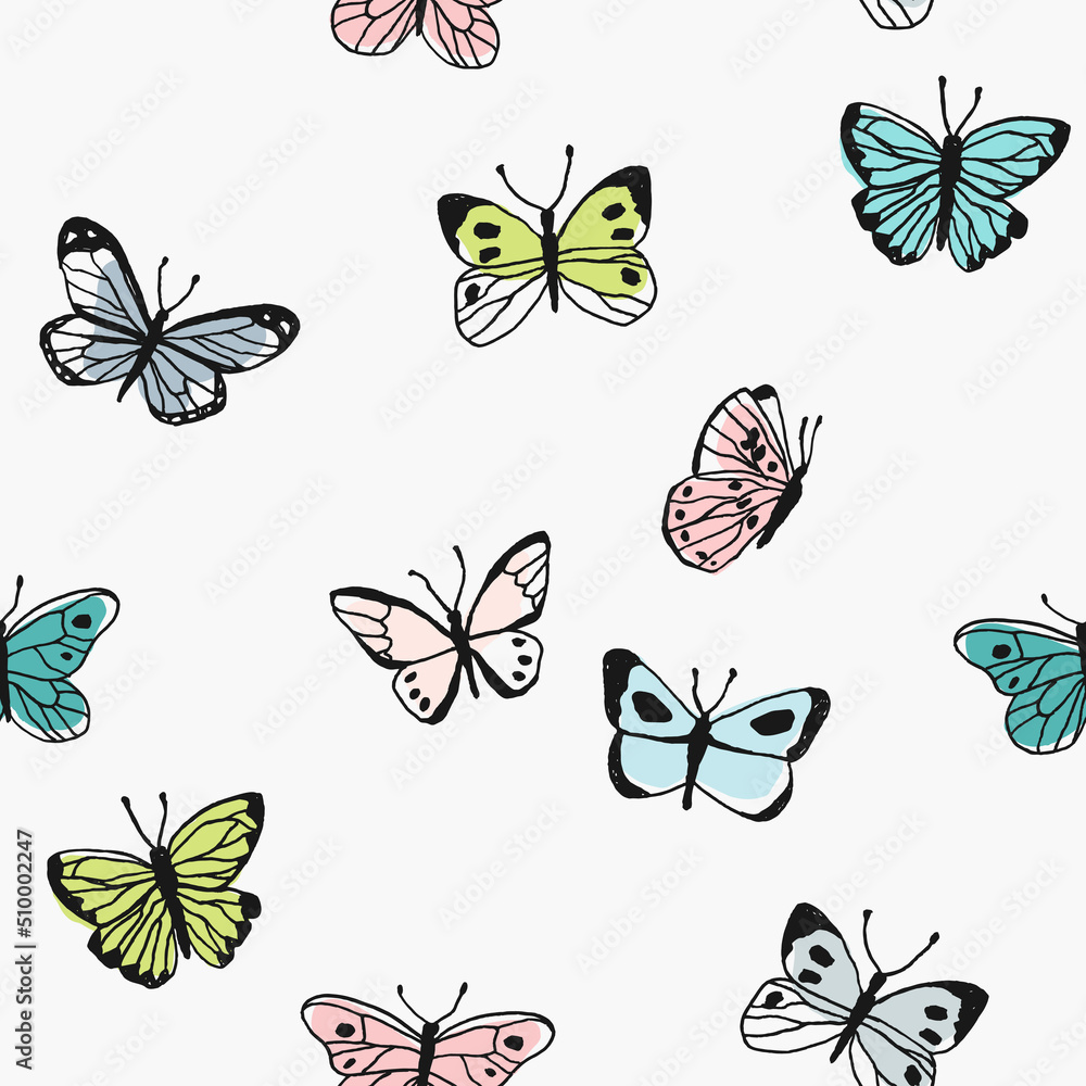 Poster seamless pattern with hand drawn butterflies
