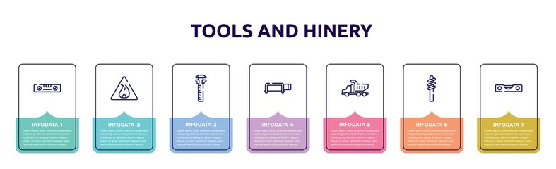 tools and hinery concept infographic design template. included balance ruler, inflamable, sliding scale, hacksaw with handle, tipper truck, drill tip, level gauge icons and 7 option or steps.