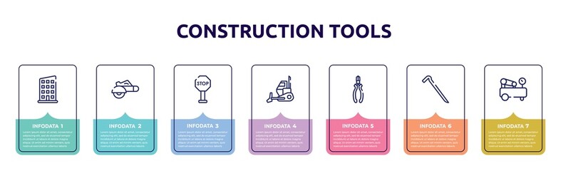 construction tools concept infographic design template. included rectangles, electric saw, stopping, bulldozing, nippers, crowbar, air compressor icons and 7 option or steps.