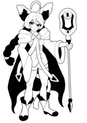 Girl cute anime sorceress drawn in the style of Japanese manga comics, contour drawing. She has large animal ears, a cloak behind her back, a staff in her hands, and boots on her feet. With shadows