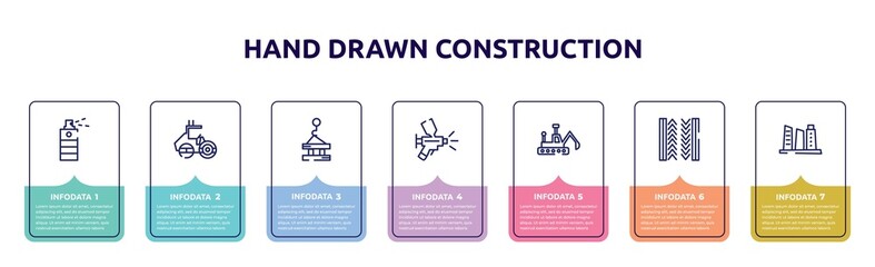 hand drawn construction concept infographic design template. included paint spray can, roller hine of construction, derrick with pallet, paint airbrush, construction excavator, tiremark, building