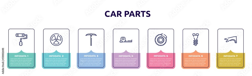 Wall mural car parts concept infographic design template. included painter roller, radiation, gardening digger, open scale, brake disc, garage screw, fender icons and 7 option or steps.