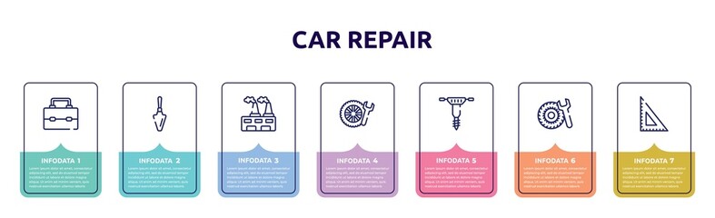 car repair concept infographic design template. included lunchbox, garden palette, wastes, winter tires, hydraulic breaker, tyre, null icons and 7 option or steps.