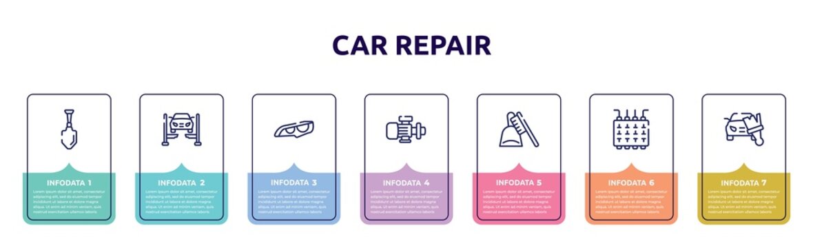 car repair concept infographic design template. included gardening palette, car lift, headlights, pump, dustpan and brush, fuse box, car painting icons and 7 option or steps.