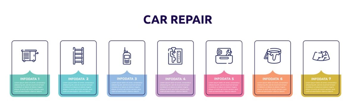 car repair concept infographic design template. included vise, ladder thin, portable radio, automatic transmission, wrench and nut, open paint bucket, windshield icons and 7 option or steps.