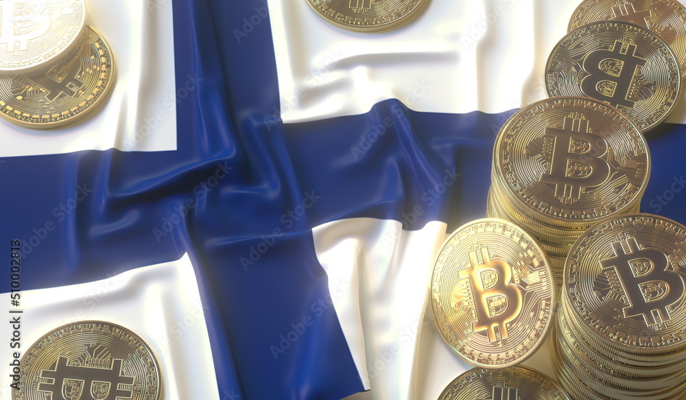 Poster bitcoin tokens and flag of finland. cryptocurrency related 3d rendering