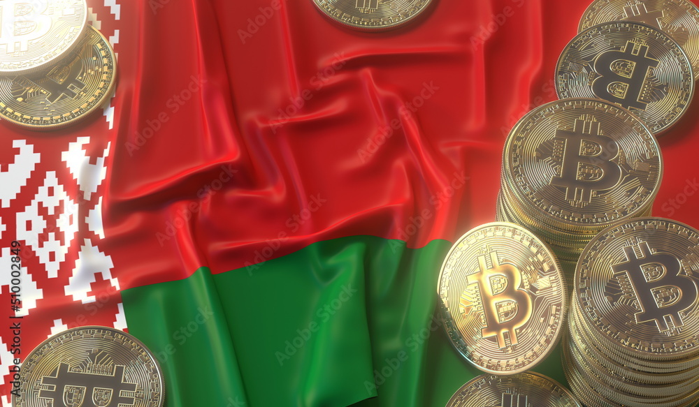 Aufkleber bitcoin tokens and flag of belarus. cryptocurrency related 3d rendering