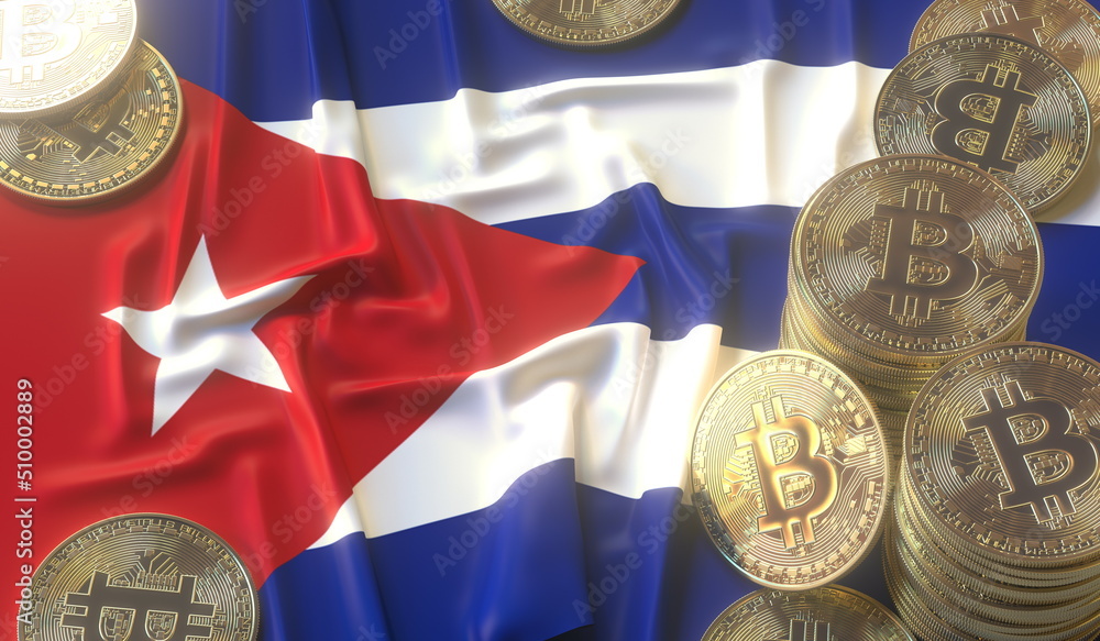 Poster flag of cuba and bitcoin coins or tokens, cryptocurrency related 3d rendering