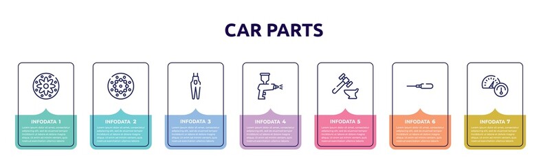 car parts concept infographic design template. included applique, beadwork, overalls, spray paint gun, blacksmith, autoloader, oil gauge icons and 7 option or steps.