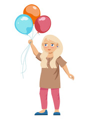 Girl holding balloons. Character in cartoon style.