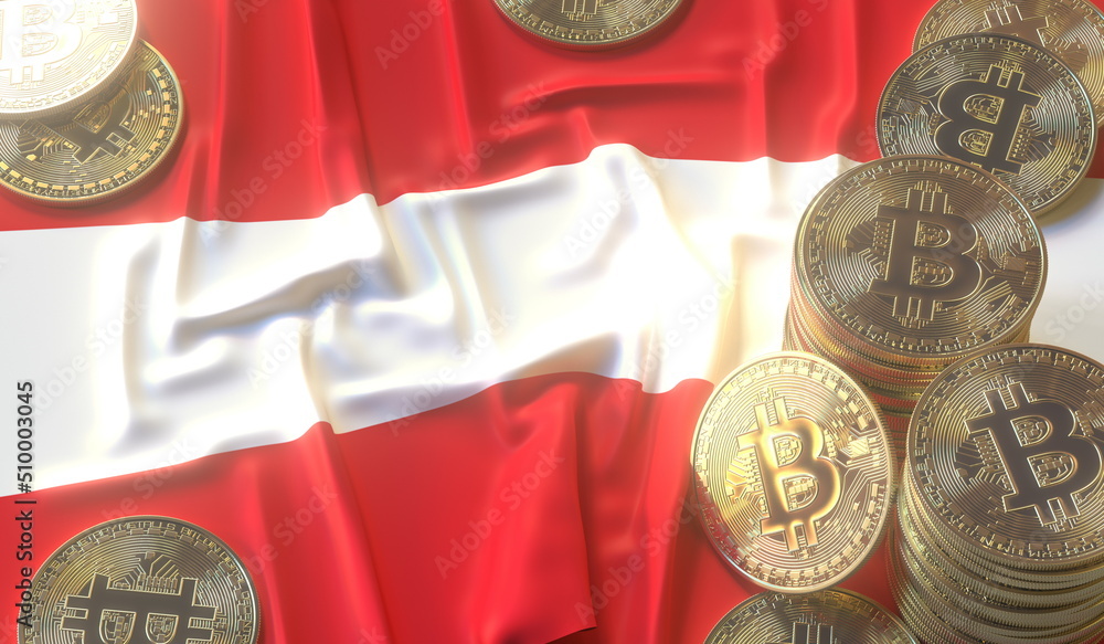 Poster bitcoin tokens and flag of austria. cryptocurrency related 3d rendering
