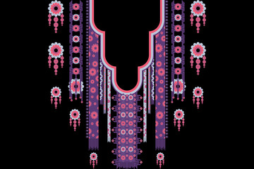 An indigenous embroidery design based on Mexican geometric shapes is used as a background and neck pattern.