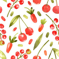 Watercolor seamless background with wild berries. Cherry, strawberry, red currant bright pattern. Watercolor texture for printing fabrics, textiles, paper, etc.