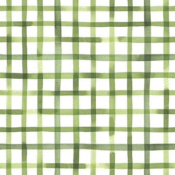 Green checkered watercolor illustration background. Seamless pattern with green hand-drawn checkered line on a white background. Plaid pattern