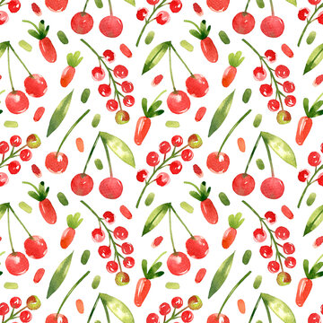 Watercolor seamless pattern with cherries, strawberries, red currants on a white background. Bright berry background hand-drawn in watercolor.