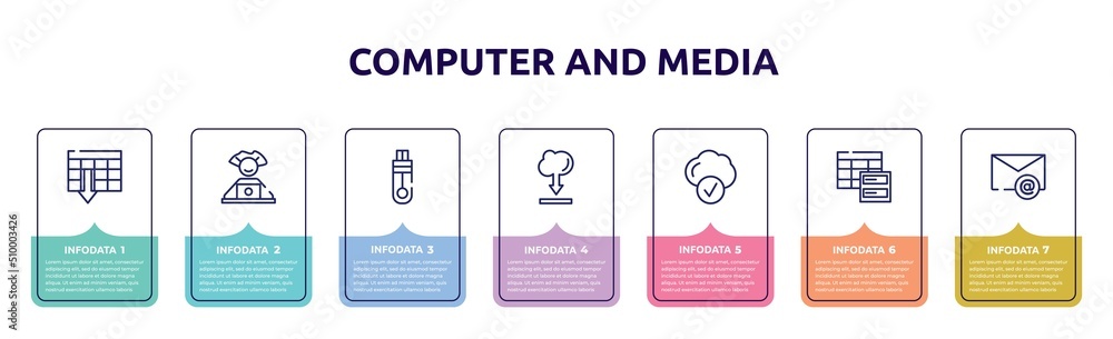 Poster computer and media concept infographic design template. included spreadsheet ascending order, comput