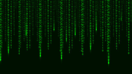 Green matrix on the dark background with different numbers and light. Big data visualization. Digital texture backdrop. Vector illustration.