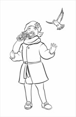 A little girl in a coat sniffs a branch of cherry blossoms and listens to a nightingale. Spring. Black and white realistic illustration for coloring. Vector.