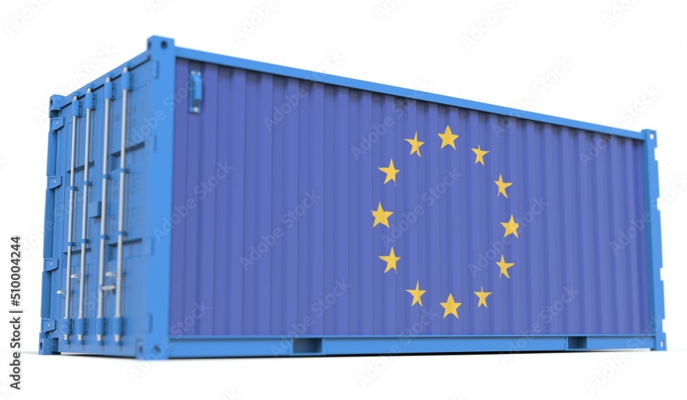 Aufkleber flag of the eu on the side of a cargo container, 3d rendering