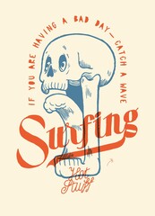 Skull with wave tongue. Funny surfing character typography illustration silkscreen style t-shirt print vector illustration. - obrazy, fototapety, plakaty