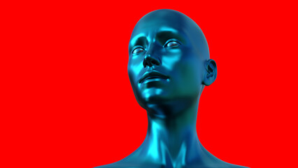 3d illustration. Portrait of a blue bald woman on a red background. 