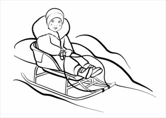 Fototapeta na wymiar A little girl on a sled, riding down a slide. Winter. Black and white realistic illustration for coloring. Vector.