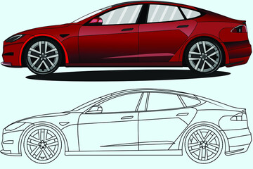 Obraz na płótnie Canvas Model s car, Vector illustration. Side view with perspective.Adult coloring page for book and drawing. Concept vector illustration.