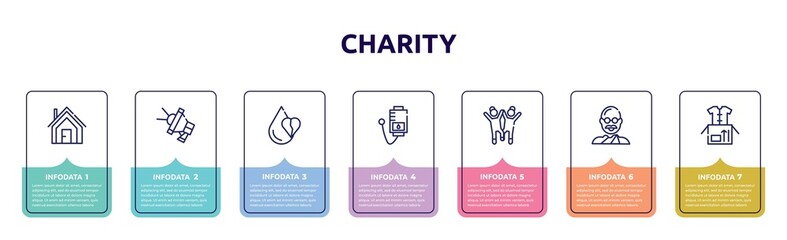 charity concept infographic design template. included shelter, loudspeaker, heart drop, blood donation, happy kids, , clothes donation icons and 7 option or steps.