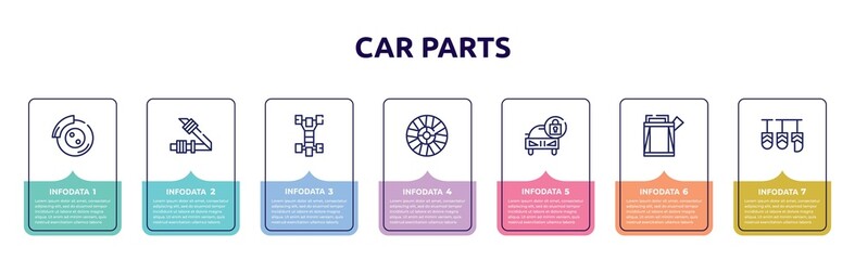 car parts concept infographic design template. included car disc brake, car seat belt or safety belt, chassis, hubcap, lock, petrol tank, pedal icons and 7 option or steps.