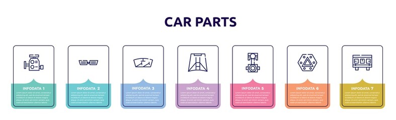 car parts concept infographic design template. included car carburettor, car grille or radiator grille, windscreen, hood, connecting rod, hazard lights, cylinder head icons and 7 option or steps.