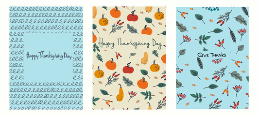 Happy Thanksgiving cards set design. Hand-lettered greeting phrase, decoration with pumpkins, leaves, berries, oak acorns on light-blue background