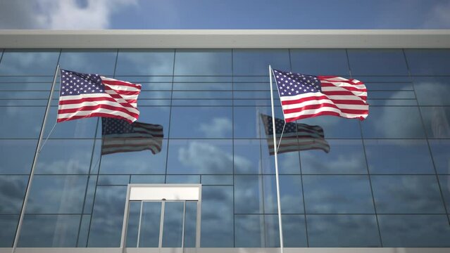 Flags of the USA in the airport and taking off commercial plane. 3D animation