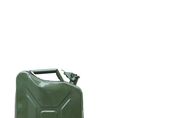 Green Jerrycan isolated on white background. Gas canister full of gasoline. Fuel shortage while travelling far
