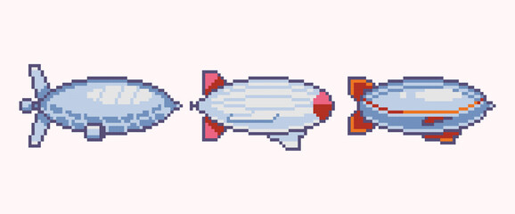 Airship pixel art set. Zeppelin collection. 8 bit sprite. Game development, mobile app.  Isolated vector illustration. © SickleMoon